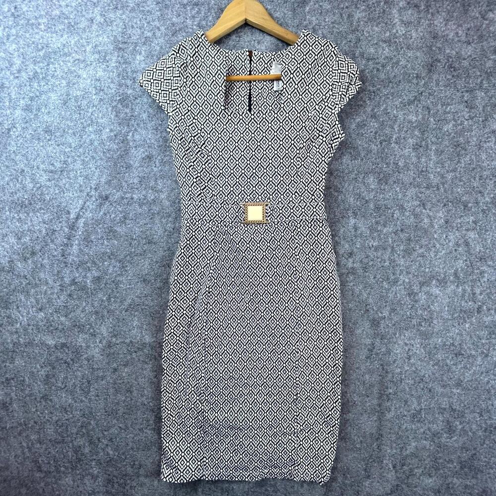 Vintage Pyramide Dress Womens M Black White Faux Belt Career Office Chic 90s Y2K